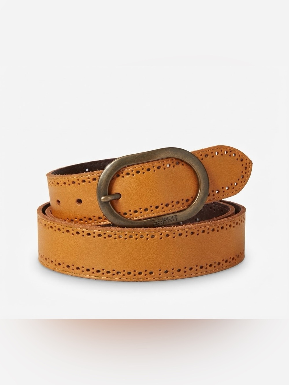 ESPRIT Tan Leather Brogue Perforated Oval Buckle Belt Size SMALL